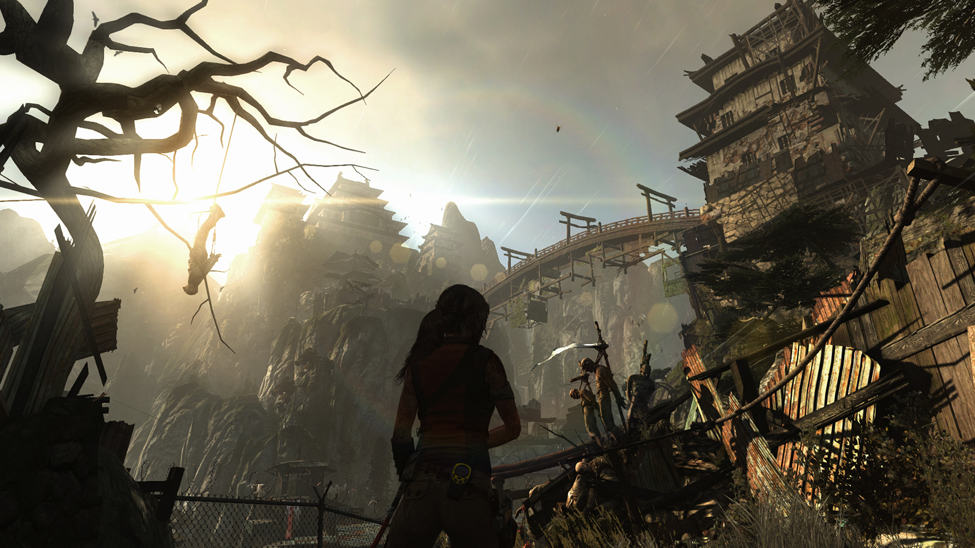Lara Croft silhouette and Japanese buildings in the background.
