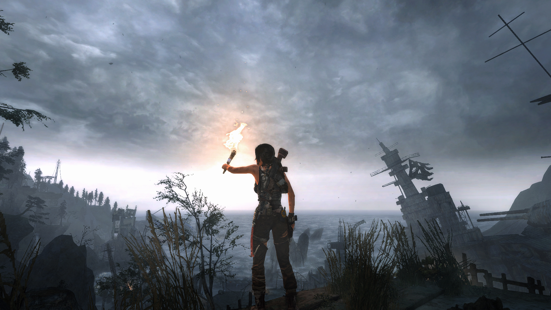 Lara Croft inspects a viewpoint over the Shipwreck beach.