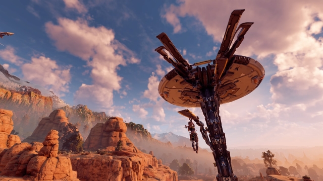 Aloy hitching a ride on a tallneck machine