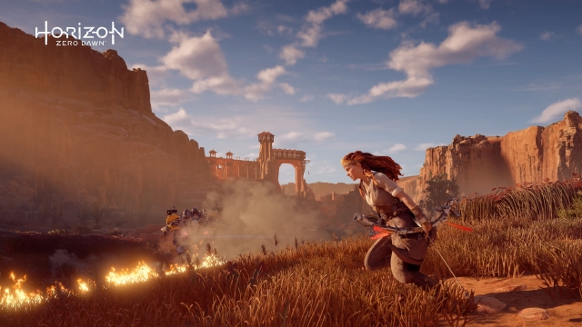 Aloy running with bow