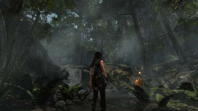 Lara Croft and a deer in a forest.