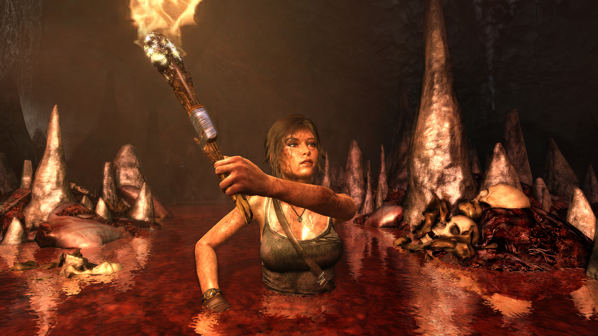 Lara Croft exploring a bloody and sinister cave.