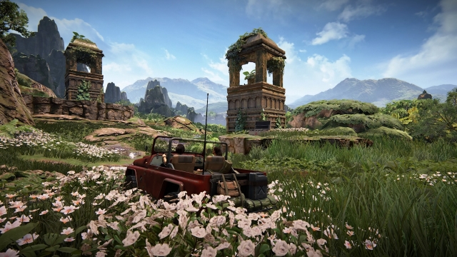Truck traversing the beautiful landscape in Uncharted: The Lost Legacy.
